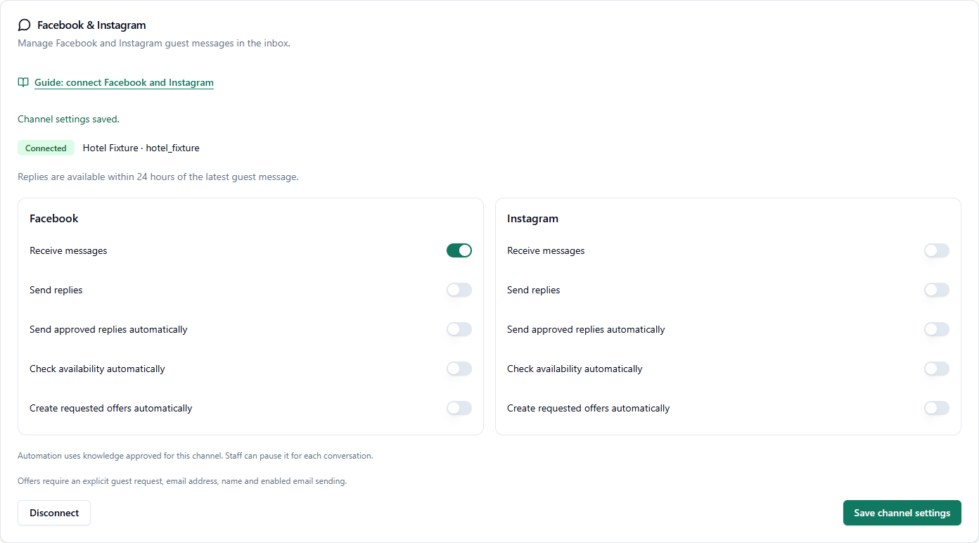 Example StaySend settings with connected Facebook and Instagram accounts and five switches for each channel.