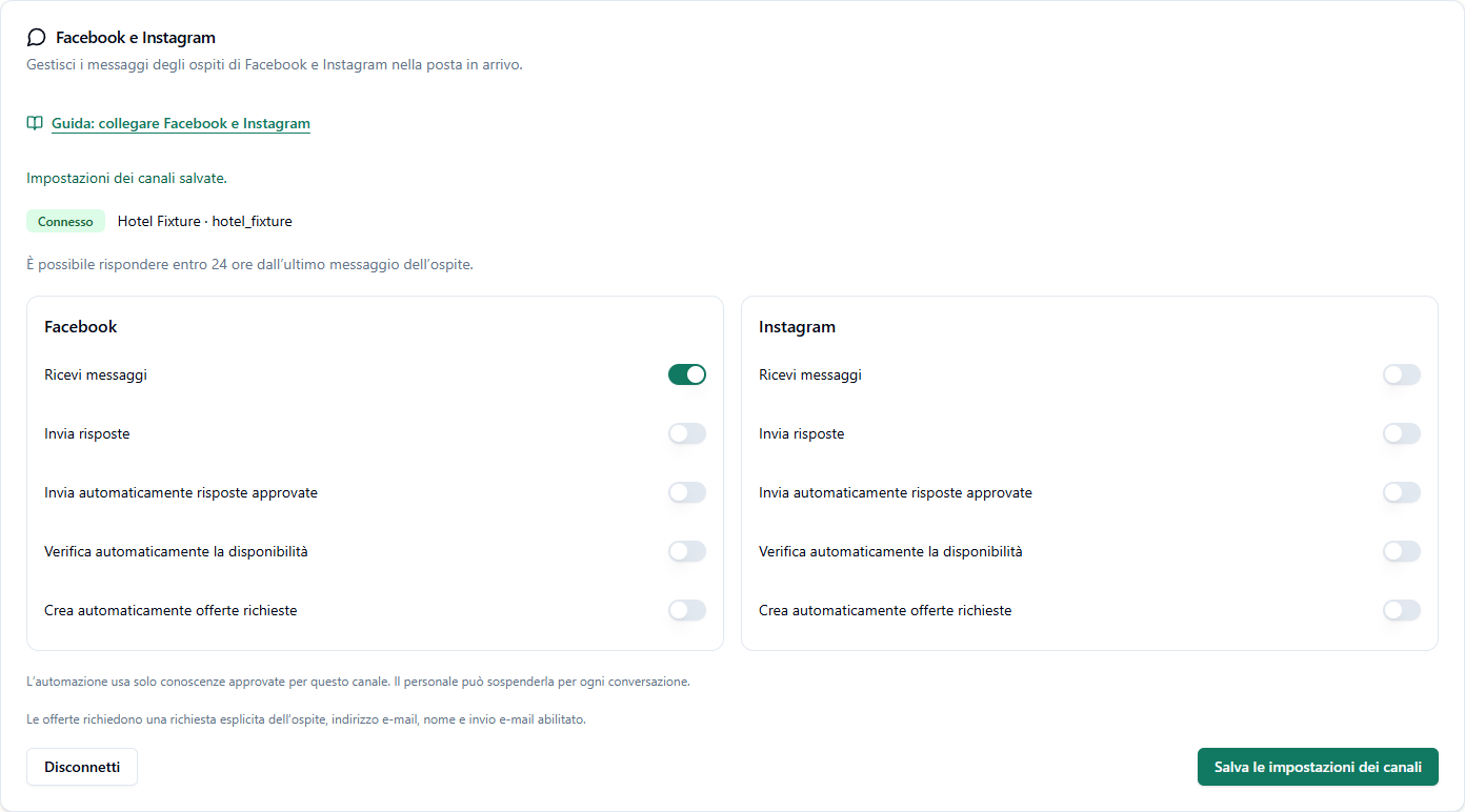 Esempio delle impostazioni StaySend con account Facebook e Instagram collegati e cinque interruttori per canale.