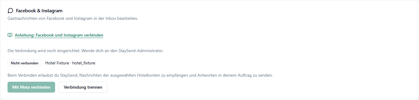 Beispiel der StaySend-Einstellungen mit dem Status Nicht verbunden und deaktivierter Schaltfläche Mit Meta verbinden.